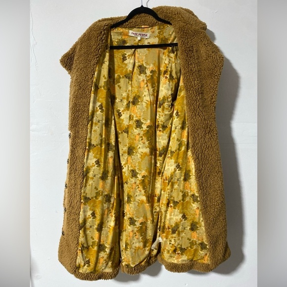 Free People Rare Mongolian Brown Faux Fur Shag Long Coat Floral Jacket Sz Small - Picture 5 of 9